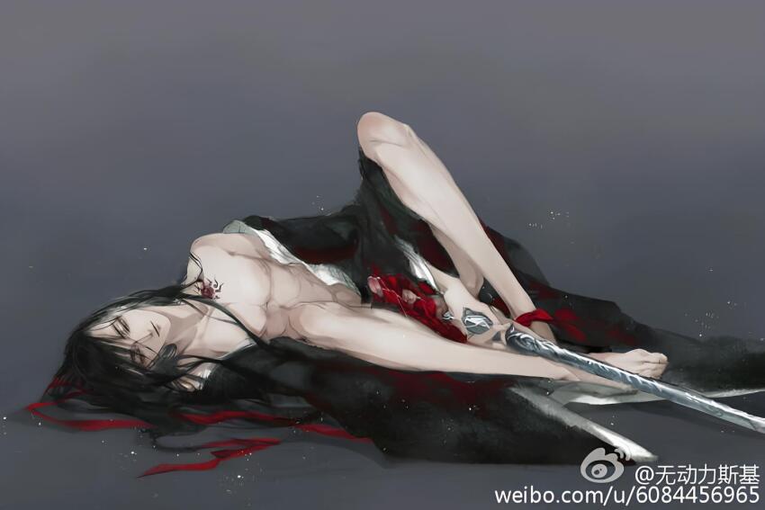 1boy bare_legs bare_pectorals bare_shoulders barefoot black_hair black_hanfu chest_tattoo chinese_clothes closed_mouth convenient_censoring faux_traditional_media grey_background grey_eyes hair_ribbon half-closed_eyes hanfu holding holding_sword holding_weapon implied_yaoi ink_wash_painting jian_(weapon) kcllzas163 light_particles long_hair lying male_focus modao_zushi naked_robe off_shoulder on_side open_clothes open_robe pectorals ponytail red_ribbon red_sash ribbon robe robe_partially_removed sash sheath sheathed smile solo spread_legs sword tattoo third-party_source watermark weapon web_address wei_wuxian weibo_watermark