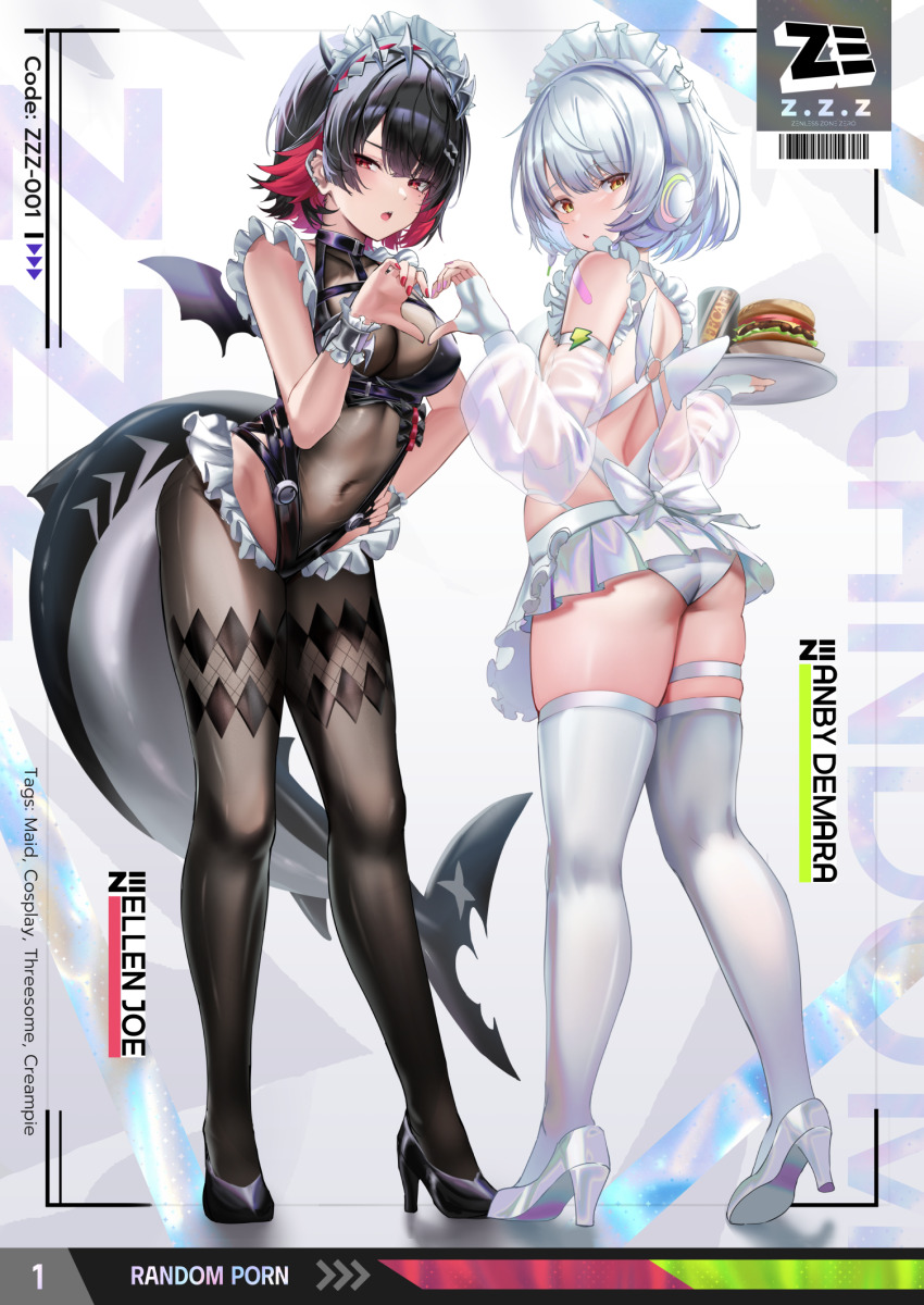 2girls anby_demara angel_wings ass barcode bare_shoulders black_hair black_leotard black_shoes black_vs_white burger character_name commentary copyright_name covered_navel demon_wings ellen_joe english_commentary fake_wings female_focus fingerless_gloves fins fish_tail food full_body gloves hand_on_own_hip heart heart_hands heart_hands_duo high_heels highres holding holding_tray leotard lingerie maid maid_headdress metal_hairband mole mole_under_eye moleshi multiple_girls navel panties purple_nails red_hair red_nails shark_girl shark_tail shoes short_hair simple_background skindentation standing tail thigh_strap thighhighs tray unconventional_maid underwear white_gloves white_hair white_headphones white_panties white_shoes white_thighhighs wings yellow_eyes zenless_zone_zero