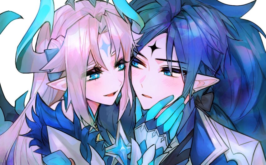 1boy 1girl blue_eyes blue_gloves blue_hair blue_horns chevalier_(elsword) ciel_(elsword) elsword facial_mark forehead_mark gloves grey_hair horns ishtar_(elsword) light_blush long_hair looking_at_another luciela_r._sourcream mme12165 parted_lips pointy_ears short_hair upper_body