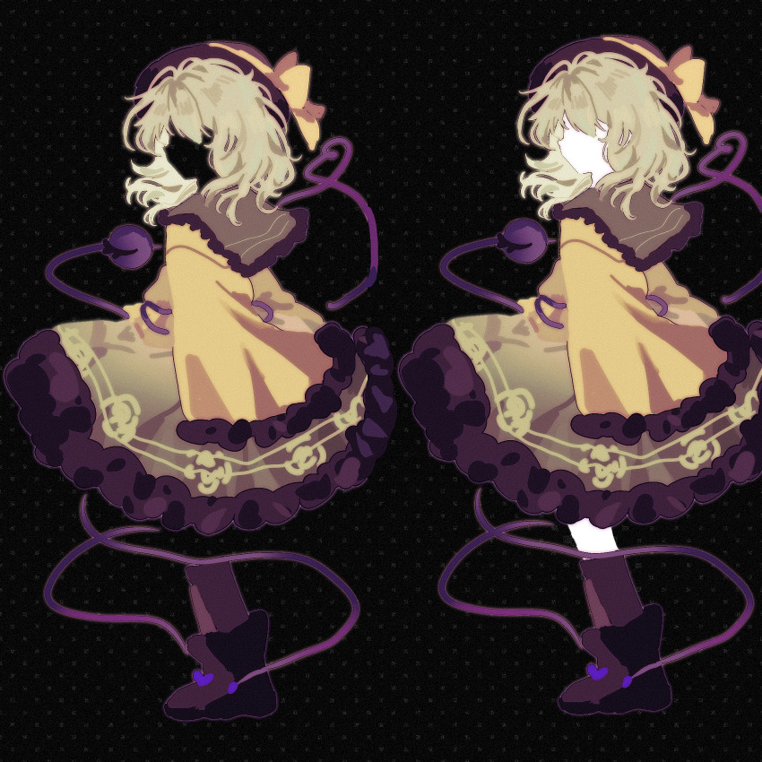 1girl black_boots black_headwear black_socks boots chinese_commentary collared_shirt commentary_request faceless faceless_female film_grain full_body green_hair green_skirt hat hat_ribbon highres huangdouliuhan komeiji_koishi long_sleeves medium_hair ribbon shirt skirt sleeves_past_fingers sleeves_past_wrists socks touhou variations yellow_ribbon yellow_shirt