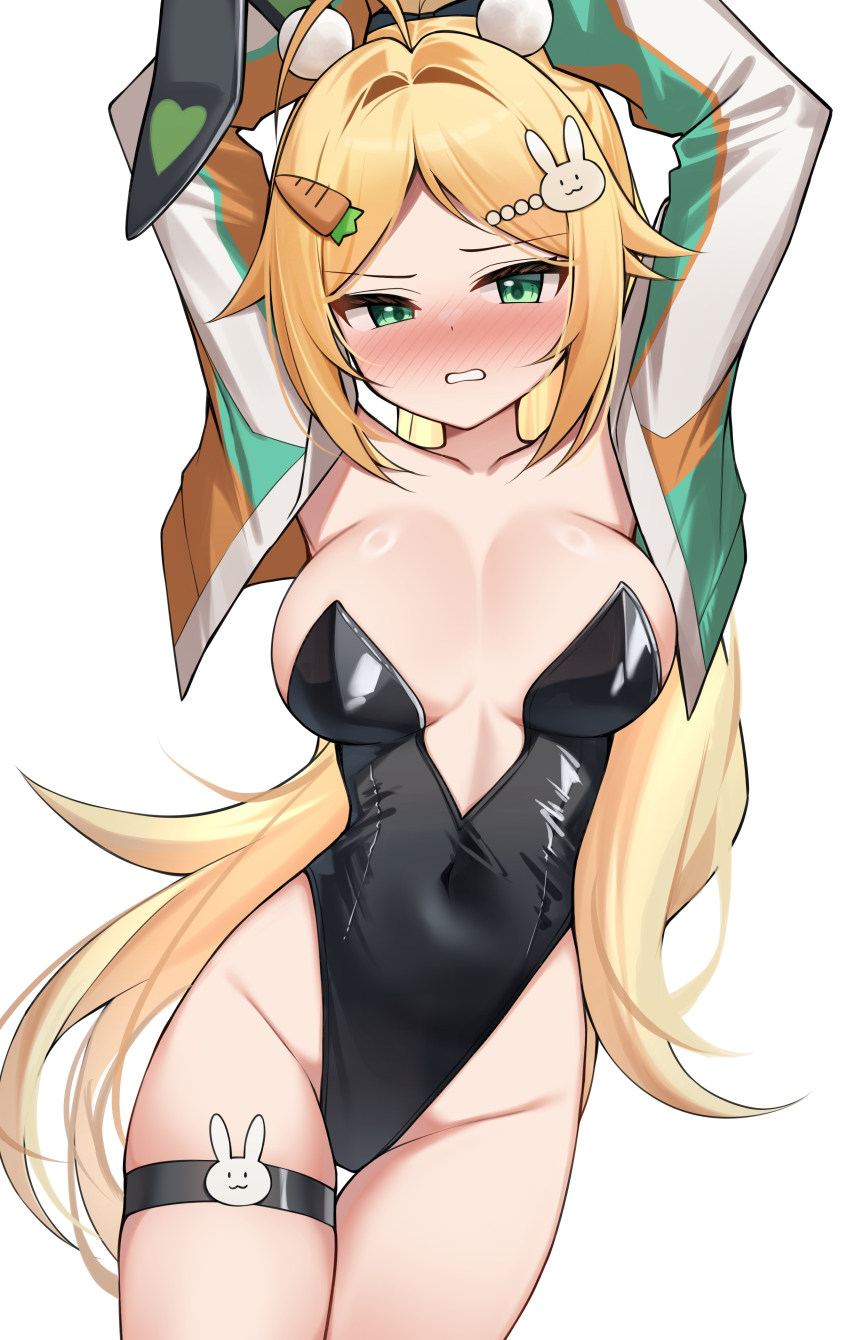 1girl absurdres ahoge animal_ears armpit_peek arms_behind_head arms_up black_leotard black_survival blonde_hair blush breasts carrot_hair_ornament cleavage clenched_teeth covered_navel cowboy_shot embarrassed eternal_return:_black_survival fake_animal_ears food-themed_hair_ornament green_eyes hair_ornament hairclip highleg highleg_leotard highres jacket large_breasts leotard long_hair looking_at_viewer multicolored_jacket nicky_blake nicky_blake_(bad_beat) nose_blush official_alternate_costume open_clothes open_jacket parted_bangs playboy_bunny ponytail rabbit_ears raised_eyebrow simple_background solo strapless strapless_leotard teeth thigh_gap thigh_strap thighs two-tone_jacket very_long_hair white_background ziro_(zirorong)