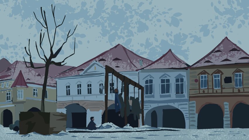 blue_coat blue_sky building coat cyberseaurchin death hanged highres looking_at_another original outdoors scenery sitting sky snow town tree winter