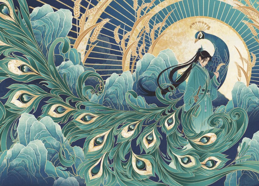 1boy analogous_colors animal aqua_hanfu aqua_theme belt bird black_hair blue_feathers blue_hair blue_sky chinese_clothes closed_mouth commentary erha_he_tadebai_mao_shizun feathers gold gradient_hair green_feathers green_sky hair_ornament halo hanfu high_ponytail highres holding_wheat huaepiphany light_rays long_hair long_sleeves looking_at_viewer looking_down male_focus mountain multicolored_hair outdoors peacock peacock_feathers ponytail sky sleeves_past_fingers sleeves_past_wrists solo standing sun sword tassel very_long_hair weapon wheat wide_sleeves wuxia xiao_guan_(headdress) xue_meng yellow_eyes