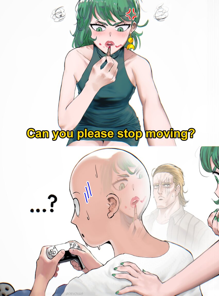 ... 1girl 2boys ? absurdres anger_vein bald bare_arms bare_shoulders black_dress blush collarbone controller devovas dress game_controller green_eyes green_hair highres holding holding_controller holding_game_controller king_(one-punch_man) lipstick makeup medium_hair multiple_boys one-punch_man playstation_controller saitama_(one-punch_man) simple_background sweat tatsumaki white_background