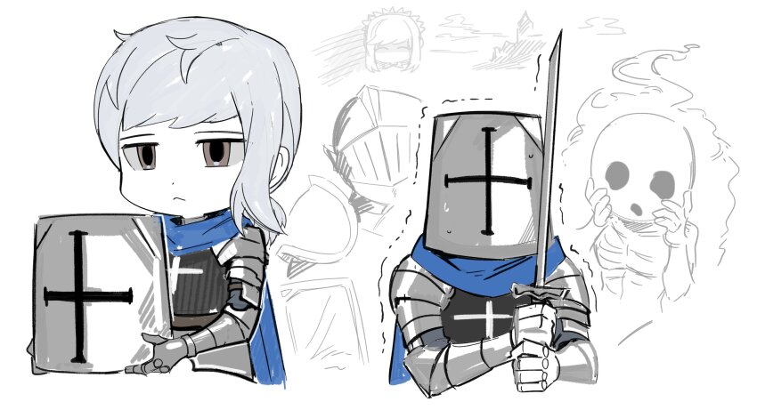 2boys :&lt; asdf1211950 black_souls blue_cape brown_eyes cape cinderella_(black_souls) closed_mouth gauntlets ghost grimm_(black_souls) hands_up helmet highres holding holding_helmet holding_sword holding_weapon izu_(black_souls) knight multiple_boys short_hair simple_background sword weapon white_background white_hair