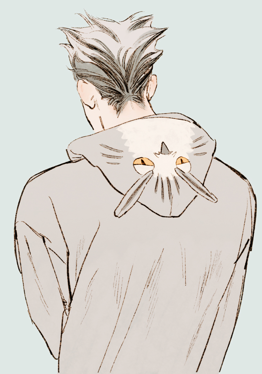 1boy animal_hood bird_hood blue_background bokuto_koutarou chengongzi123 commentary facing_away grey_hair grey_jacket haikyuu!! highres hood hood_down jacket long_sleeves male_focus multicolored_hair short_hair simple_background streaked_hair symbol-only_commentary upper_body very_short_hair