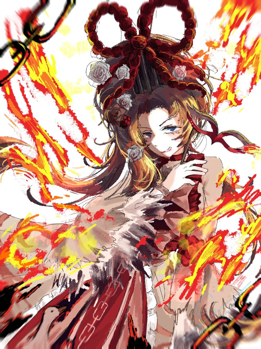 1girl bird blue_eyes blurry_edges brown_dress brown_hair burnt_clothes chain choker curtained_hair dress earrings fire flower frilled_sleeves frills goose hair_ornament hand_on_own_chest highres indicant&#039;s_trial_(e.g.o) jewelry limbus_company looking_at_viewer open_mouth project_moon red_choker rodion_(project_moon) rose slw1857 solo upper_body white_background white_flower white_rose