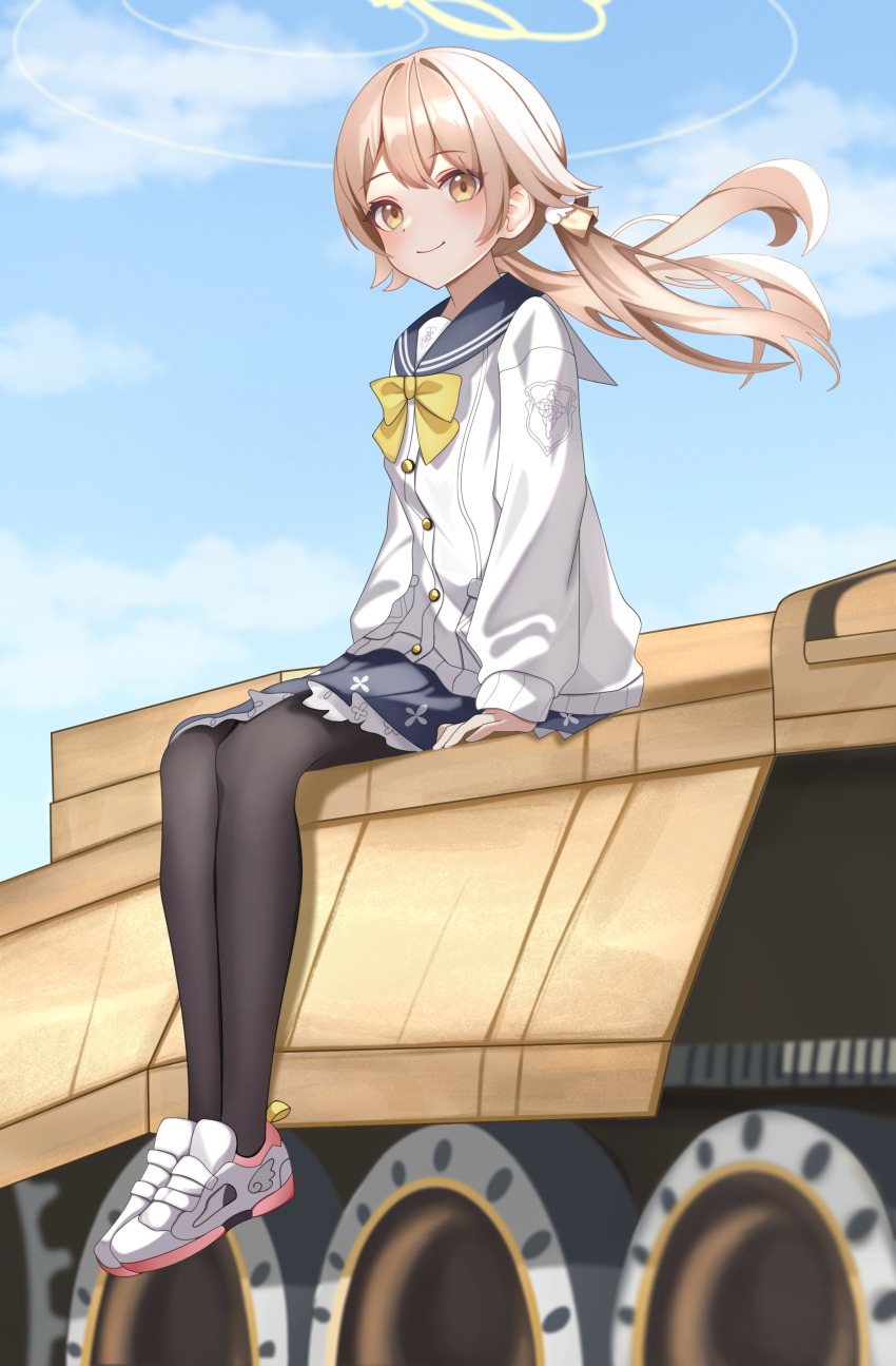 1girl absurdres blue_archive blush frills hair_between_eyes halo hifumi_(blue_archive) highres kenomotsu_yukuwa light_brown_hair long_hair long_sleeves looking_at_viewer low_twintails open_mouth pantyhose sailor_collar school_uniform shoes sitting skirt sky smile solo twintails white_shoes yellow_eyes yellow_halo
