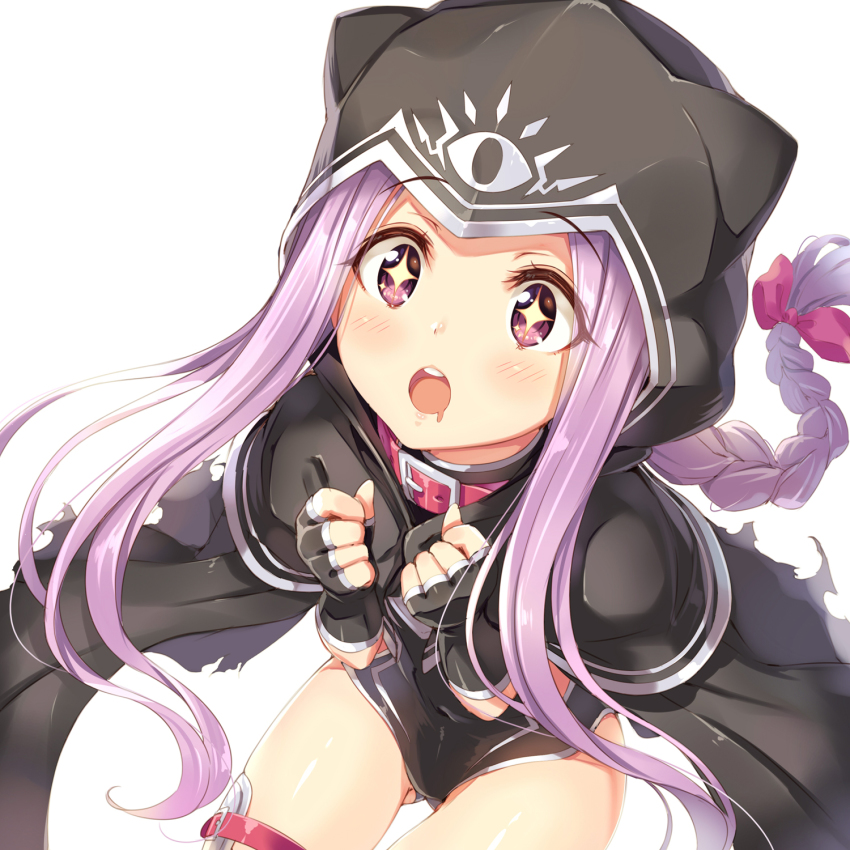 1girl :o aged_down black_capelet black_cloak black_gloves black_leotard blush breasts capelet cloak collar commentary_request covered_navel drooling fate/grand_order fate_(series) female_focus fingerless_gloves food gloves highres hood hood_up hooded_cloak leotard long_braid long_hair medusa_(fate) medusa_(lancer)_(fate) medusa_(rider)_(fate) open_mouth parted_bangs purple_eyes purple_hair red_collar rider sidelocks simple_background solo sparkle tel-o thighs very_long_hair white_background