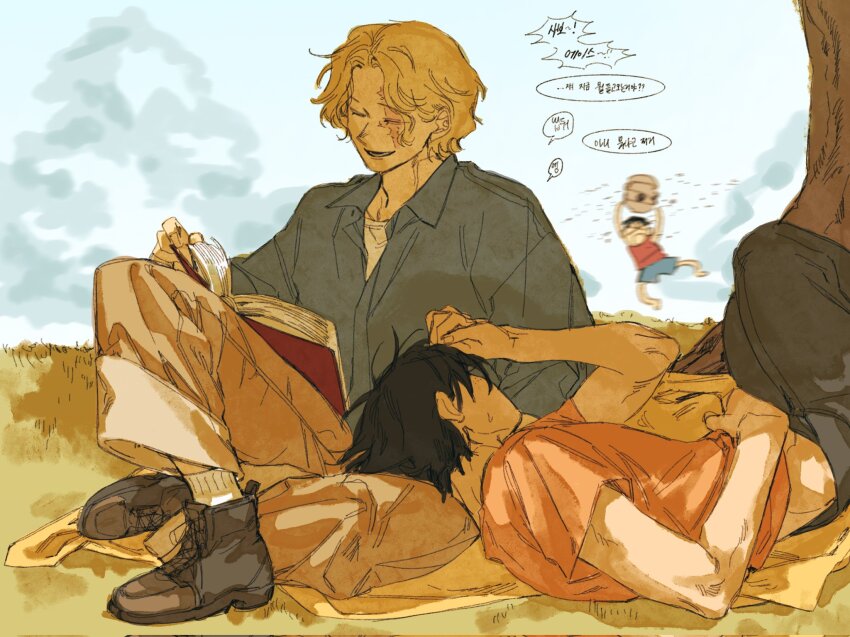 3boys arm_up arms_up barefoot bee beehive black_hair blonde_hair blue_shirt blue_shorts book brothers bug closed_eyes collared_shirt commentary_request crew_neck fingernails grass highres holding insect korean_commentary korean_text leaff00 lying male_focus monkey_d._luffy multiple_boys on_back one_piece open_book open_collar open_mouth orange_shirt outdoors parted_hair portgas_d._ace red_shirt sabo_(one_piece) scar scar_across_eye scar_on_face shirt short_sleeves shorts siblings sitting sky speech_bubble t-shirt teeth translation_request white_shirt wing_collar