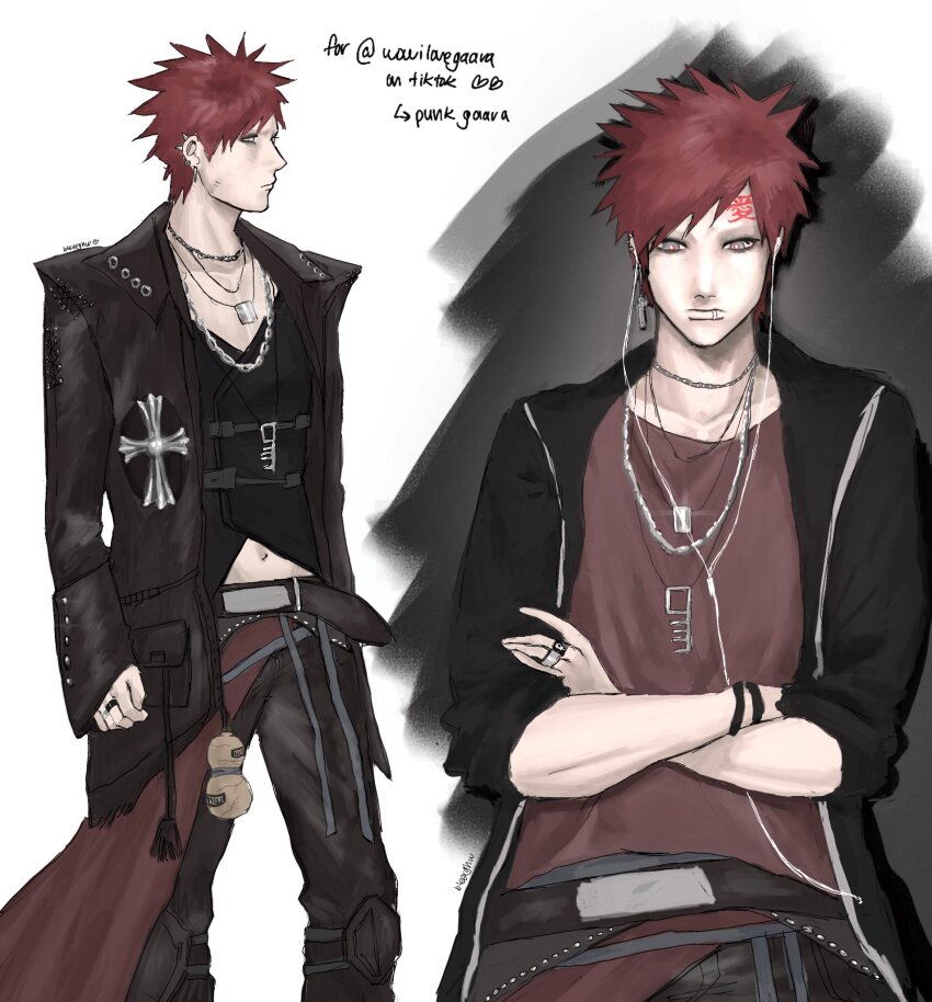 1boy belt black_belt black_coat bleeehrghw coat commentary crossed_arms ear_piercing earphones earrings english_commentary fang forehead_tattoo gaara_(naruto) glint grey_eyes highres jewelry male_focus multiple_necklaces multiple_rings naruto_(series) naruto_shippuuden piercing punk red_hair ring skin_fang sleeves_past_wrists spiked_hair tattoo wristband