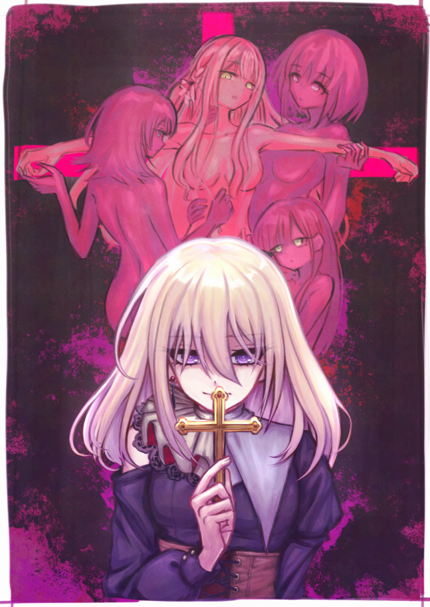 5girls ave_mujica_(bang_dream!) bang_dream! bang_dream!_it&#039;s_mygo!!!!! black_dress blonde_hair blue_eyes border breasts brown_corset clothing_cutout commentary_request convenient_censoring corset crucifixion doloris_(bang_dream!) dress hair_between_eyes highres long_hair medium_breasts medium_hair misumi_uika multiple_girls nude pink_eyes purple_eyes short_hair shoulder_cutout sidelocks togawa_sakiko tomare_(akashingou) wakaba_mutsumi white_border yahata_umiri yellow_eyes yuri yuutenji_nyamu