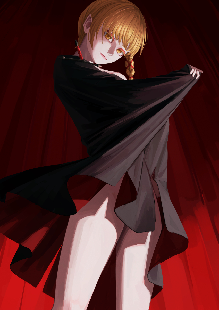 1girl absurdres black_cape blonde_hair cape closed_mouth curtains deathtopia_virtuoso_suicide-master fang highres impasto looking_at_viewer monogatari_(series) naked_cape nemo_ringo red_cape solo two-tone_cape yellow_eyes