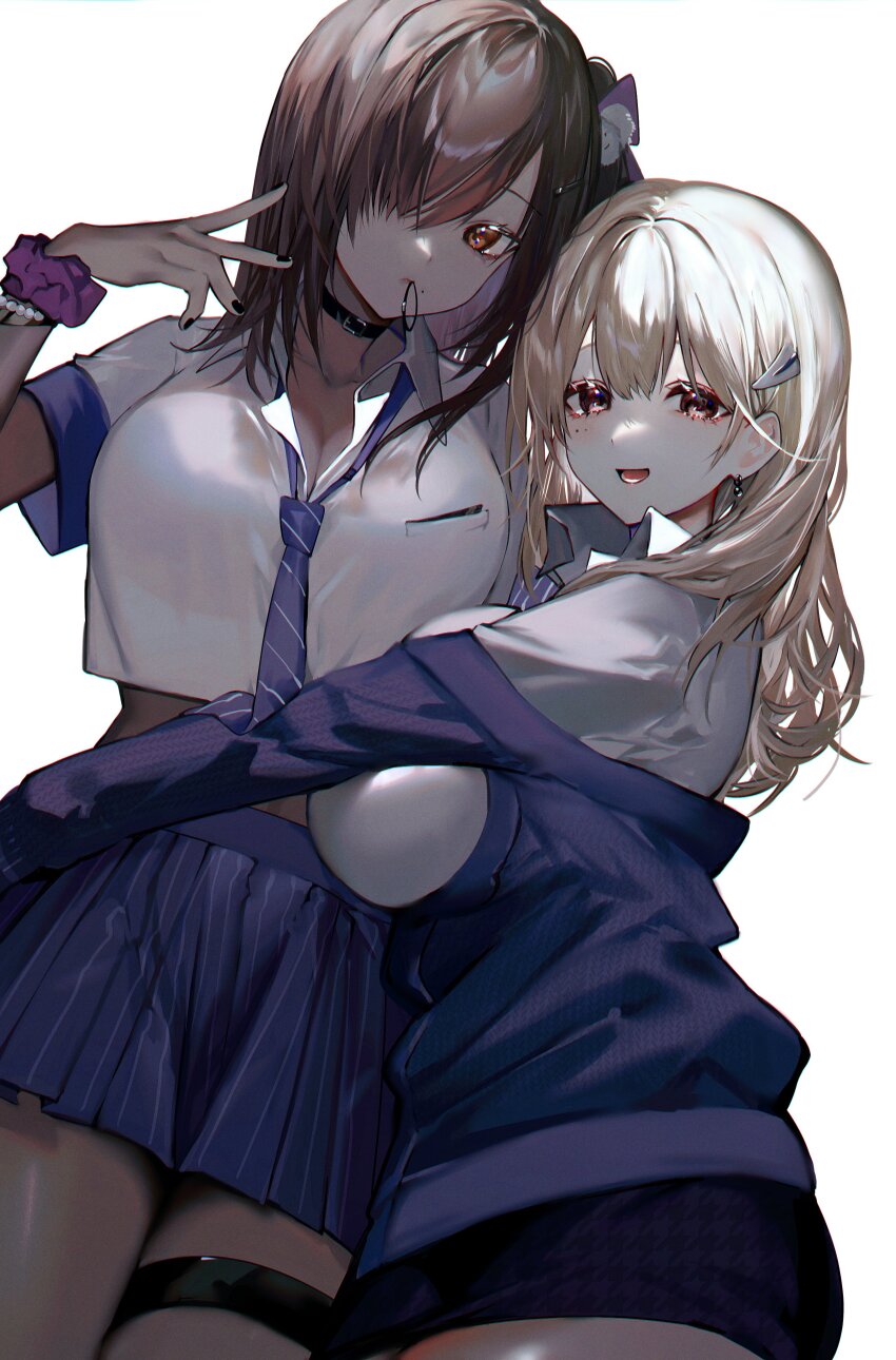 2girls absurdres albino_(a1b1n0623) bead_bracelet beads black_nails blonde_hair blue_jacket blue_necktie blue_skirt bracelet breasts brown_eyes brown_hair cleavage collared_shirt cropped_shirt dark-skinned_female dark_skin earrings goddess_of_victory:_nikke hair_ornament hair_over_one_eye hair_tie highres hug huge_breasts jacket jewelry large_breasts light_blush long_hair looking_at_viewer loose_necktie mole mole_under_eye mouth_hold multiple_girls naga_(nikke) nail_polish necktie off-shoulder_jacket off_shoulder pencil_skirt pleated_skirt scrunchie shirt short_sleeves side_ponytail skirt striped_necktie thigh_strap tia_(nikke) v white_shirt wrist_scrunchie