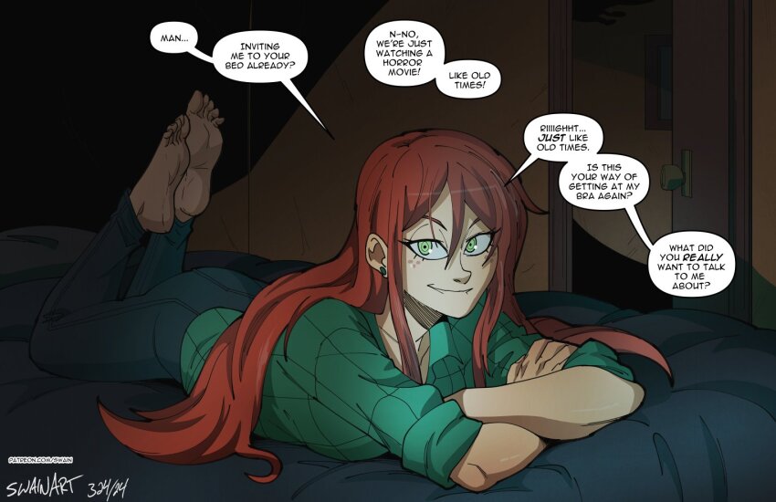 1girl barefoot blue_pants brown_hair denim english_text gravity_falls green_eyes green_shirt indoors jeans long_hair looking_at_viewer lying on_bed on_stomach pants patreon_username shirt signature soles solo speech_bubble swain_(artist) the_pose watermark web_address wendy_corduroy