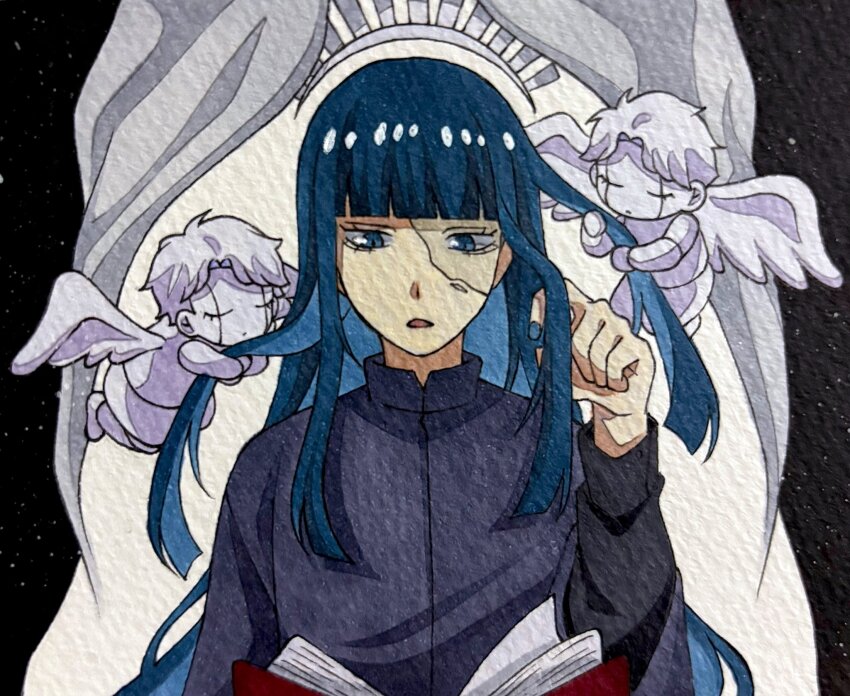 1girl ado_(utaite) blue_eyes blue_hair blue_nails commentary cracked_skin gira-gira-chan_(ado) gira_gira highres keeko_(kk_0012) long_hair nail_polish open_mouth solo upper_body