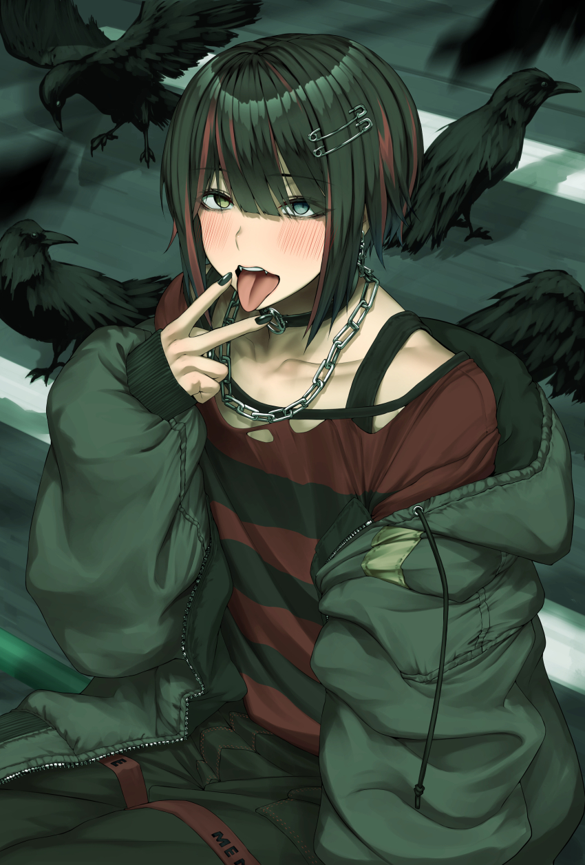 1boy absurdres bird blush chain choker crow earrings hair_ornament highres jacket jewelry karasu_(jjwh2832) looking_at_viewer male_focus mashiro_meme mashiro_meme_(3rd_costume) medium_hair necktie nijisanji pink_hair shirt sidelocks single_earring sitting slit_pupils smile solo tongue tongue_out virtual_youtuber yellow_eyes