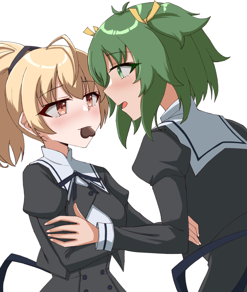 2girls absurdres ahoge andou_tazusa antenna_hair assault_lily black_ribbon black_skirt blonde_hair blush breasts brown_eyes buttons candy chocolate chocolate_heart closed_mouth commentary_request cropped_jacket eye_contact face-to-face food food_in_mouth from_side green_eyes green_hair hair_between_eyes hair_ribbon hand_on_another&#039;s_arm hand_up hands_up heart heart-shaped_food high-waist_skirt high_ponytail highres juliet_sleeves long_sleeves looking_at_another medium_breasts mouth_hold multiple_girls neck_ribbon nose_blush parted_lips ponytail profile puffy_sleeves ribbon school_uniform shirt short_hair simple_background skirt smile two_side_up upper_body valentine white_background white_shirt yellow_ribbon yoshimura_thi_mai yuhana_(lily_yuhana) yuri yurigaoka_girls_academy_school_uniform