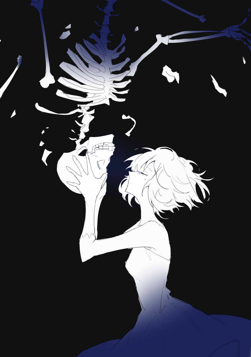 1girl absurdres black_background breaking closed_eyes closed_mouth commentary_request cowboy_shot deco27 dinned dress expressionless eyelashes floating_clothes floating_hair hands_on_another&#039;s_head highres long_sleeves mole mole_under_eye otome_kaibou_(vocaloid) pinafore_dress shirt short_hair skeleton sleeveless sleeveless_dress three-quarter_sleeves vocaloid