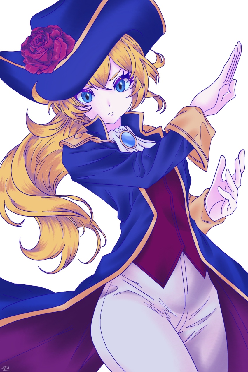 &gt;:( 1girl ascot blonde_hair blue_coat blue_eyes blue_hat brooch coat commentary_request cowboy_shot flower hat hat_flower highres jewelry kurimako leggings long_hair long_sleeves looking_at_viewer mario_(series) mixed-language_commentary nintendo official_alternate_costume open_clothes open_coat pants princess_peach princess_peach:_showtime! red_flower red_rose red_shirt rose shirt simple_background solo standing swordfighter_peach thighs v-shaped_eyebrows very_long_hair white_ascot white_background white_pants