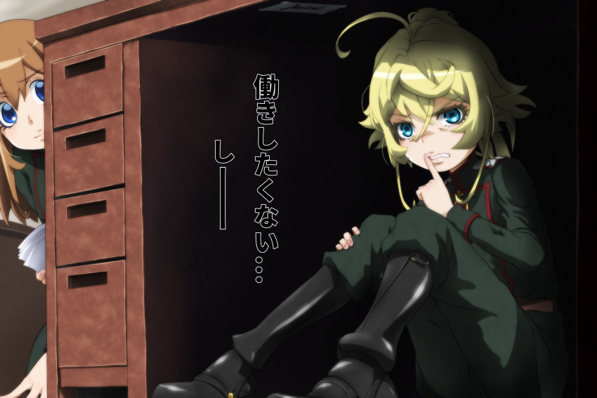 2girls ahoge black_footwear blue_eyes brown_hair desk finger_to_mouth genya_(genya67) hiding highres holding holding_paper military military_uniform multiple_girls paper shushing sitting tanya_degurechaff translation_request under_table viktoriya_ivanovna_serebryakov youjo_senki