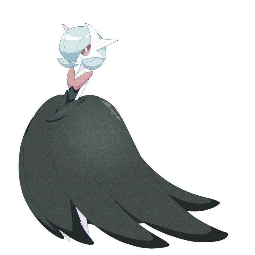 alternate_color black_dress black_gloves blue_hair bob_cut colored_skin dress elbow_gloves gardevoir gen_3_pokemon gloves hair_over_one_eye highres mega_gardevoir mega_pokemon narumiya_pkmn nintendo pink_eyes pokemon pokemon_(creature) shiny_pokemon signature simple_background v_arms white_background white_skin