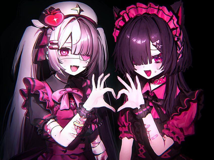 2girls four-finger_heart_hands :d animal_ears apron artist_collaboration bandaid black_apron black_background black_hair black_ribbon black_shirt blood blush bow bowtie cat_ears choker collared_shirt commentary_request eyepatch fang frills hair_over_one_eye hair_ribbon hat heart heart-shaped_pupils heart_hands heart_hands_duo highres injury looking_at_viewer maid_apron maid_headdress medical_eyepatch medium_hair mole mole_under_eye multicolored_hair multiple_girls nervous_sweating open_mouth original pill_hair_ornament pink_apron pink_bow pink_bowtie pink_choker pink_eyes pink_nails pink_shirt ribbon sanada_kugo self-harm shirt simple_background smile split-color_hair sweat symbol-shaped_pupils twintails upper_body white_hair white_hat wrist_cutting yami_kawaii yuuri_(0914yuuri_k)