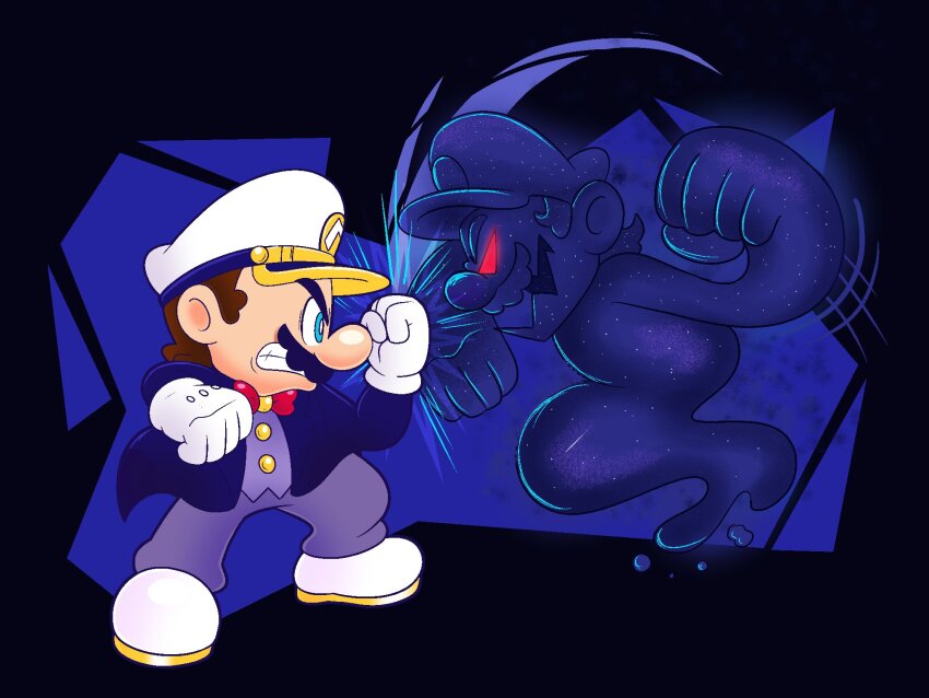 1boy angry battle blue_eyes coat evil_grin evil_smile face-to-face facial_hair full_body gloves grin hat highres looking_at_another mario mario_(series) mayo_(funnyhoohooman) mustache nintendo original red_eyes shadow_mario smile