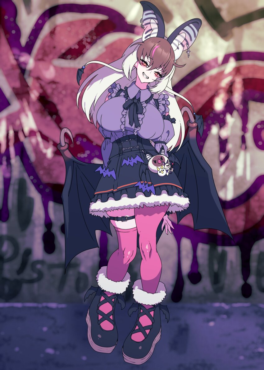 1girl absurdres animal_ears asymmetrical_legwear bag bat_ears bat_girl bat_wings belt boots bow bowtie breasts brown_eyes brown_hair brown_long-eared_bat_(kemono_friends) earrings extra_ears full_body grey_hair highres jewelry kemono_friends kemono_friends_v_project large_breasts long_hair looking_at_viewer mjtezcatl multicolored_hair pantyhose poporu_(kemono_friends) shirt skirt solo streaked_hair stuffed_toy thighhighs virtual_youtuber wings
