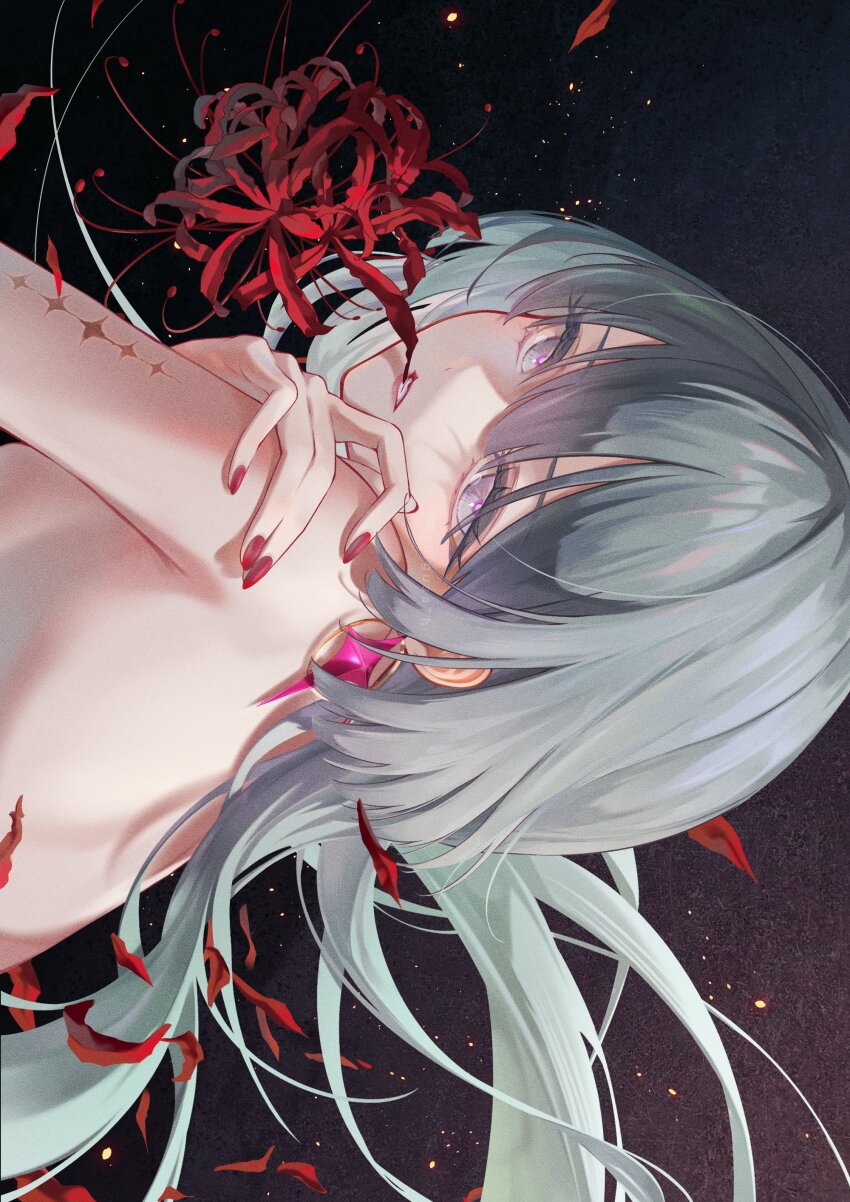 1girl absurdres breasts chigusa7h commentary earrings fingernails floating_hair flower from_side grey_hair hand_on_own_shoulder highres jewelry long_hair looking_at_viewer looking_to_the_side mouth_hold nail_polish nude phrolova_(wuthering_waves) pink_nails portrait red_petals sideways small_breasts solo spider_lily tacet_mark_(wuthering_waves) teeth white_eyes wuthering_waves