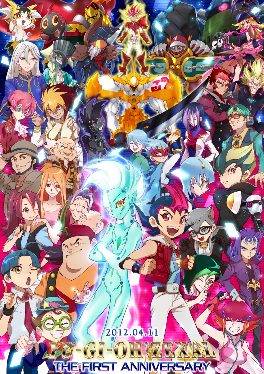6+boys 6+girls ahoge animal_ears anniversary astral_(yu-gi-oh!) backwards_hat baseball_cap bell black-framed_eyewear black_hair blonde_hair blue_eyes blue_hair bow bowtie breasts brown_hair cathy_(yu-gi-oh!) character_request cleavage closed_eyes commentary_request copyright_name crossed_arms duel_monster everyone eye_mask facial_hair fingerless_gloves gagaga_girl gagaga_magician glasses gloves green-framed_eyewear green_hair grey_hair grin hair_between_eyes hat highres holding holding_pen iii_(yu-gi-oh!) iv_(yu-gi-oh!) kamishiro_ryouga kon_(kin219) kouzuki_anna mizuki_kotori_(yu-gi-oh!) multicolored_hair multiple_boys multiple_girls neck_bell omoteura_tokunosuke one_eye_closed open_mouth orange_eyes orange_hair pants pen pink_hair purple_hair red_bow red_bowtie red_hair smile takeda_tetsuo tenjou_kaito todoroki_takashi tsukumo_yuma two-tone_hair v_(yu-gi-oh!) vest white_pants yu-gi-oh! yu-gi-oh!_zexal