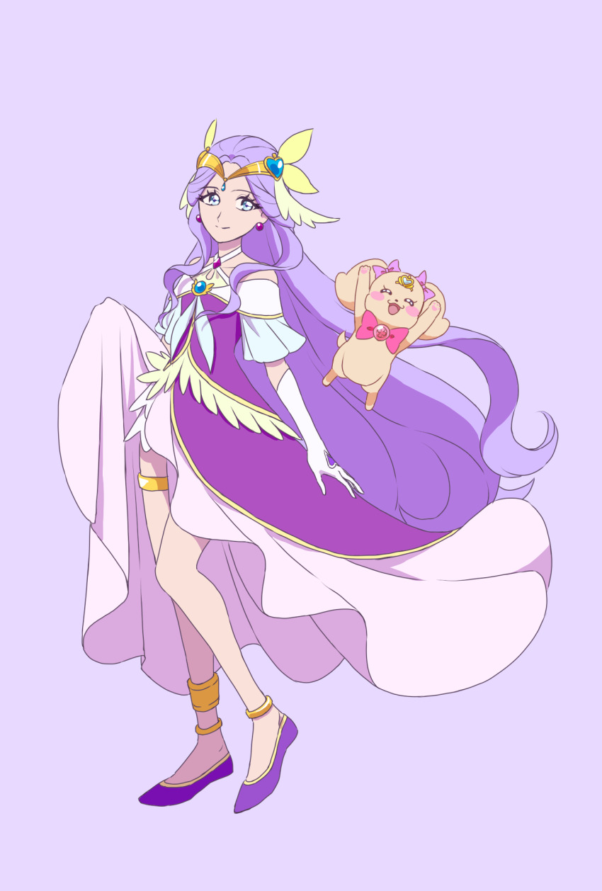 1girl anklet bare_legs blue_eyes circlet closed_mouth creature cure_earth dog dress earrings elbow_gloves fuurin_asumi gloves hair_ornament hair_ribbon healin&#039;_good_precure healing_animal heart heart_hair_ornament highres holding holding_unworn_clothes holding_unworn_dress jewelry latte_(precure) long_hair looking_at_viewer magical_girl precure purple_background purple_dress purple_footwear purple_hair purple_theme ribbon shoes simple_background skirt_hold smile split_mouth strawberrylove2525 thighlet very_long_hair white_gloves yellow_ribbon