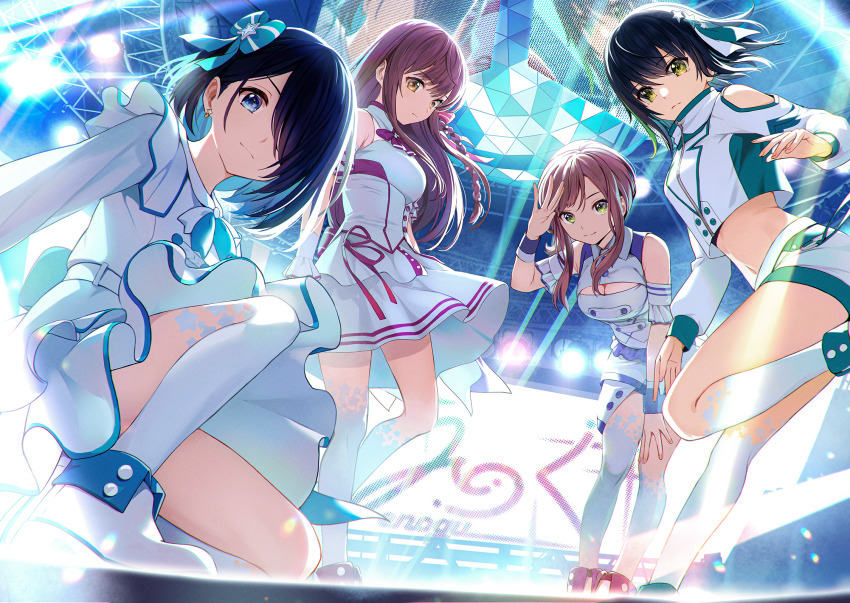 4girls asymmetrical_legwear bent_over black_hair blue_bow blue_eyes blue_hair bob_cut bow braid breasts brown_hair cleavage cleavage_cutout closed_mouth clothing_cutout cropped_shirt dress earrings enogu fold-over_boots hair_bow hair_ornament hand_up highres hinata_nao_(iwamotochou_geinousha) idol iwamotochou_geinousha jewelry kagawa_ichigo kneehighs large_breasts long_hair looking_at_viewer medium_hair midriff multiple_girls natsume_haru navel on_one_knee shirafuji_tamaki shirt shoulder_cutout side_braid single_kneehigh single_sock single_thighhigh smile socks stage stage_lights standing standing_on_one_leg suzuki_anzu thighhighs uneven_legwear virtual_youtuber white_dress white_footwear white_legwear white_shirt wind wind_lift wristband yellow_eyes