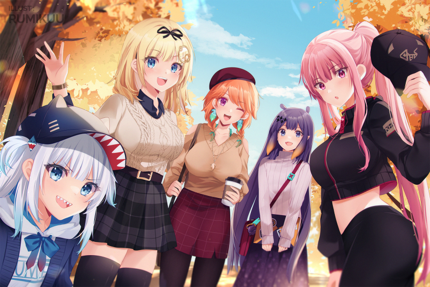 5girls alternate_costume ao-chan_(ninomae_ina&#039;nis) autumn_leaves baseball_cap black_headwear black_jacket black_pants black_skirt black_thighhighs blonde_hair blue_hair blue_sky breasts cloud cropped_jacket cup disposable_cup earrings feather_earrings feathers gawr_gura hair_ornament hat highres holding holding_cup hololive hololive_english holomyth jacket jewelry k-rumi large_breasts leaf long_hair looking_at_viewer mori_calliope multicolored_hair multiple_girls ninomae_ina&#039;nis one_eye_closed orange_hair pants pantyhose pink_hair pleated_skirt ponytail purple_eyes purple_hair purple_skirt red_eyes red_skirt shark_hair_ornament shirt skirt sky smile streaked_hair sweater takanashi_kiara takodachi_(ninomae_ina&#039;nis) teeth tentacle_hair thighhighs turtleneck turtleneck_sweater two_side_up upper_teeth_only very_long_hair virtual_youtuber watson_amelia white_hair white_shirt