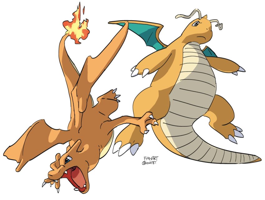 :&lt; charizard dragon dragonite flying full_body gen_1_pokemon kochi8i nintendo open_mouth pokemon pokemon_(creature) simple_background tail white_background wings