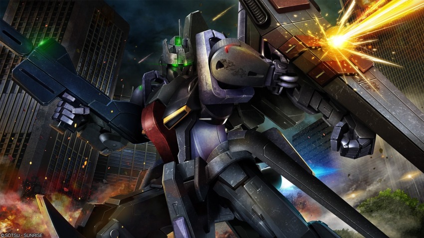 absurdres aeug artist_request battle beam_rifle building burning clenched_hand cloud cloudy_sky company_name copyright_notice dutch_angle energy_beam energy_gun explosion fire gundam gundam_battle_operation_2 gundam_msv highres holding holding_weapon machinery mecha mecha_focus mobile_suit no_humans prototype_design prototype_zeta_gundam_x1 realistic robot science_fiction shield sky smoke solo sunrise_(company) v-fin weapon window zeta_gundam