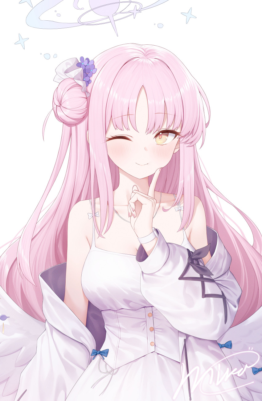 1girl absurdres bare_shoulders blue_archive highres long_hair looking_at_viewer mika_(blue_archive) off_shoulder one_eye_closed pink_hair roi_(liu_tian) smile solo yellow_eyes