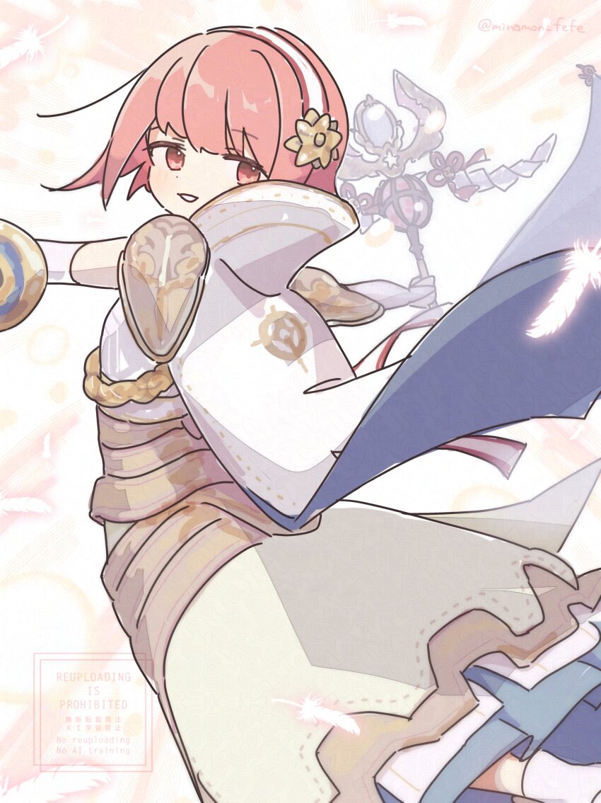1girl absurdres cloak dress fire_emblem fire_emblem_fates fire_emblem_heroes gold_trim highres holding holding_staff jumping looking_at_viewer nintendo official_alternate_costume pink_eyes pink_hair sakura_(fire_emblem) sakura_(in_full_bloom)_(fire_emblem) solo sorane_amus staff white_cloak white_dress