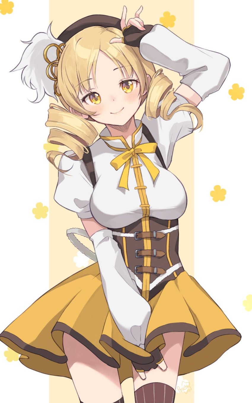 1girl asagawa_mikan_(peachy_michi) blush border breasts brown_gloves corset detached_sleeves drill_hair fingerless_gloves gloves hand_in_own_hair hat highres juliet_sleeves large_breasts leaning_to_the_side long_sleeves looking_at_viewer mahou_shoujo_madoka_magica mahou_shoujo_madoka_magica_(anime) puffy_sleeves ribbon skirt skirt_tug smile solo striped_clothes striped_thighhighs thighhighs thighs tomoe_mami tomoe_mami_(magical_girl) twin_drills vertical-striped_clothes vertical-striped_thighhighs white_border yellow_background yellow_eyes yellow_ribbon yellow_skirt