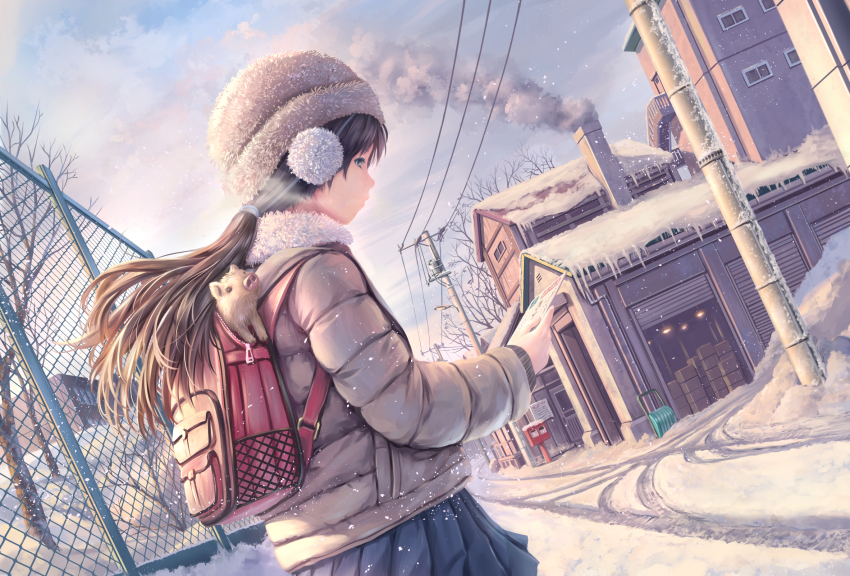 1girl animal backpack bag bare_tree beanie black_hair blue_eyes blue_skirt blue_sky boar box building ceiling_light chain-link_fence chimney cloud coat commentary_request day dutch_angle earmuffs female_focus fence floating_hair from_side fur_collar grey_coat hat highres holding house long_hair long_sleeves magazine_(object) miniskirt original outdoors path pleated_skirt power_lines puffy_sleeves road scenery skirt sky smoke snow snowing solo soraizumi standing sunlight town tree utility_pole winter winter_clothes
