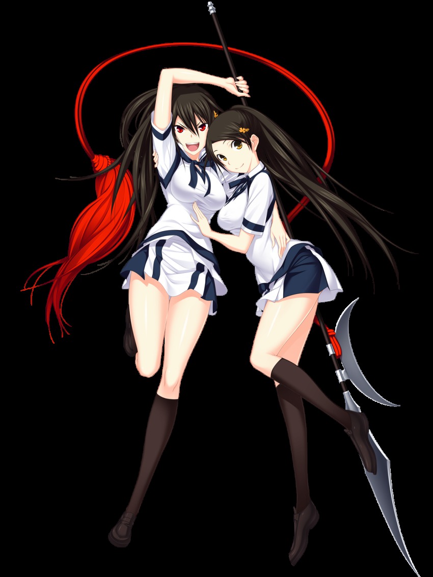 2girls black_hair black_socks brown_eyes dual_persona full_body halberd half_updo hazakura_seiso highres hug kawagishi_keitarou kneehighs long_hair looking_at_viewer maji_de_watashi_ni_koi_shinasai! maji_de_watashi_ni_koi_shinasai!_s minato_soft multiple_girls polearm red_eyes school_uniform shoes simple_background skirt smile socks spear transparent_background weapon white_background yellow_eyes