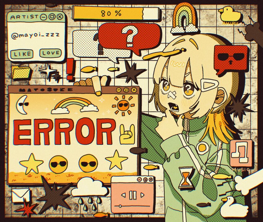 1girl ? animal artist_name bird black_border blonde_hair blush border colored_inner_hair duck error_message eyelashes fang fingernails green_jacket hair_ornament hairclip highres jacket long_hair long_sleeves looking_up lower_teeth_only mayoi_zzz multicolored_hair nail_polish open_mouth orange_nails original rainbow screentones short_eyebrows solo speech_bubble teeth tongue twitter_username yellow_eyes zipper zipper_pull_tab