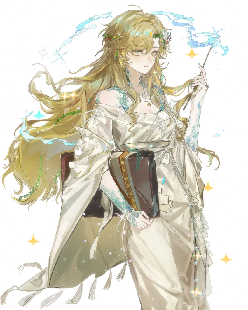 1girl absurdres aqua_eyes bare_shoulders blonde_hair cowboy_shot dress flower hair_flower hair_ornament hand_up highres holding holding_case holding_wand hydrokinesis jewelry long_dress looking_at_viewer necklace off_shoulder parted_lips reverse:1999 scales solo sparkle vila_(reverse:1999) wand water wavy_hair weiyan_(nbnbmwnl) white_background white_dress white_flower wide_sleeves