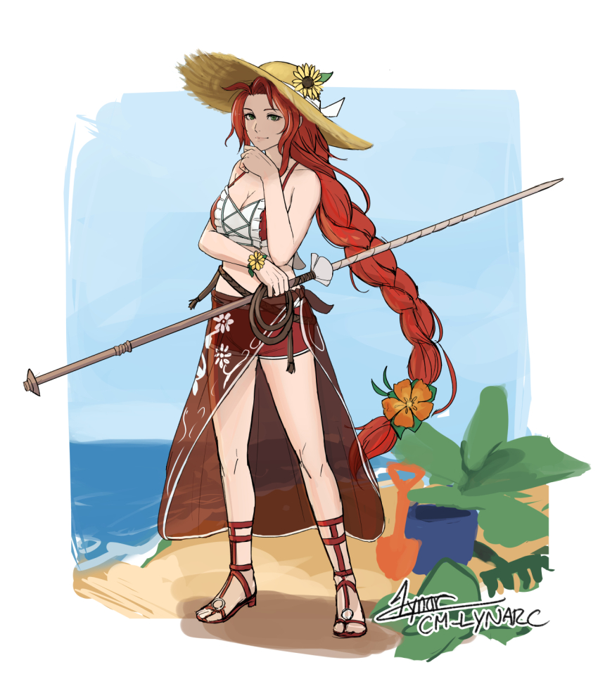 1girl alternate_costume bikini braid braided_ponytail breasts cleavage fire_emblem fire_emblem:_path_of_radiance fire_emblem:_radiant_dawn full_body green_eyes hand_on_own_chin hat highres holding holding_polearm holding_weapon large_breasts long_hair lynarc nintendo outdoors polearm red_bikini red_hair red_sarong red_shorts sandals sarong see-through_clothes see-through_sarong short_shorts shorts solo straw_hat sun_hat swimsuit titania_(fire_emblem) weapon