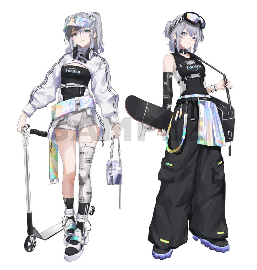 .akuma 1girl bag belt black_bag black_collar black_nails black_pants black_socks closed_mouth collar commentary_request cropped_jacket detached_sleeves earrings full_body goggles goggles_on_head grey_eyes grey_hair grey_shorts headphones headphones_around_neck highres holding holding_bag indie_virtual_youtuber jewelry kick_scooter looking_at_viewer multiple_views nekomugi_tororo pants sample_watermark sandals shoes shorts shoulder_bag simple_background single_thighhigh skateboard sleeveless socks thighhighs transparent_bag two_side_up virtual_youtuber visor_cap watermark white_background