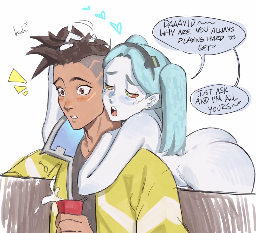 1boy 1girl ass assertive_female blush body_markings brown_eyes brown_hair cd_projekt_red cybernetic cyberpunk_(series) cyberpunk_2077 cyberpunk:_edgerunners cyborg david_martinez english_text flirting green_hair hand_on_another&#039;s_head heart hetero highres hug hug_from_behind huge_ass jacket long_hair looking_at_another nude open_clothes open_jacket open_mouth rebecca_(cyberpunk) spoken_heart studio_trigger surprised talking twintails