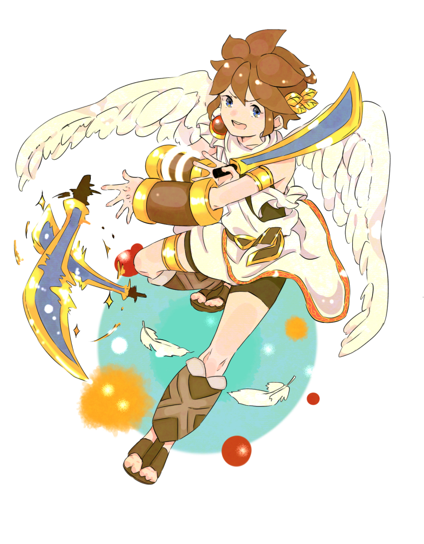 1boy afterimage ahoge angel angel_wings bike_shorts blue_eyes brown_hair cha_bakashi feathers full_body highres kid_icarus kid_icarus_uprising laurel_crown looking_at_viewer motion_lines nintendo palutena_bow_(kid_icarus) pit_(kid_icarus) solo white_feathers wings
