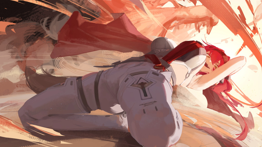 1girl absurdres armor boots breastplate breasts fried_frog hair_between_eyes hairband highres kneeling large_breasts leaning_back long_hair looking_at_viewer lupa_(wuthering_waves) metal_hairband missing_commentary red_hair red_pupils red_sash sash sliding smile solo tail thigh_boots white_boots wolf_tail wuthering_waves yellow_eyes