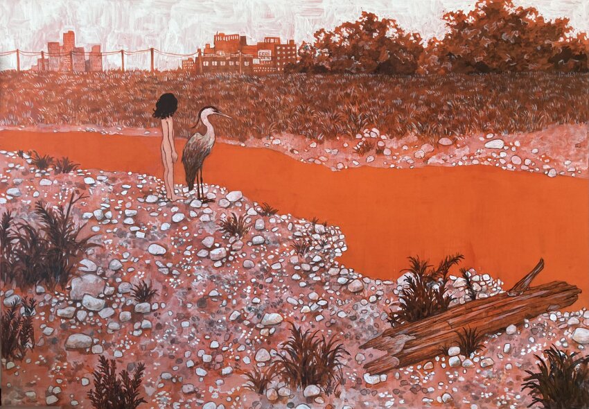 1girl bird brown_hair building city completely_nude facing_away fallen_tree full_body grass heron highres long_hair nude orange_background orange_theme original painting_(medium) pebble power_lines solo standing stream traditional_media tsurikawa373 utility_pole wide_shot