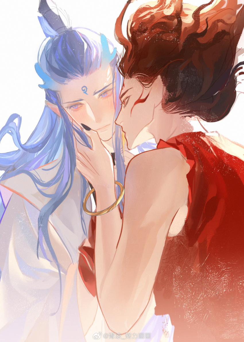 2boys ao_bing_(nezha_zhi_motong_jiangshi) bare_shoulders black_nails blue_eyes blue_hair blush bracelet brown_hair chinese_clothes chinese_commentary closed_mouth dragon_boy eastern_dragon_horns facial_mark fingernails forehead_mark hand_on_another&#039;s_face hanfu highres jewelry long_fingernails long_hair long_sidelocks long_sleeves looking_at_another male_focus multiple_boys nezha_(nezha_zhi_motong_jiangshi) nezha_zhi_motong_jiangshi red_eyes red_vest sidelocks sleeveless topknot upper_body vest white_background white_hanfu wide_sleeves xiao_guan_(headdress) xu_liang yaoi